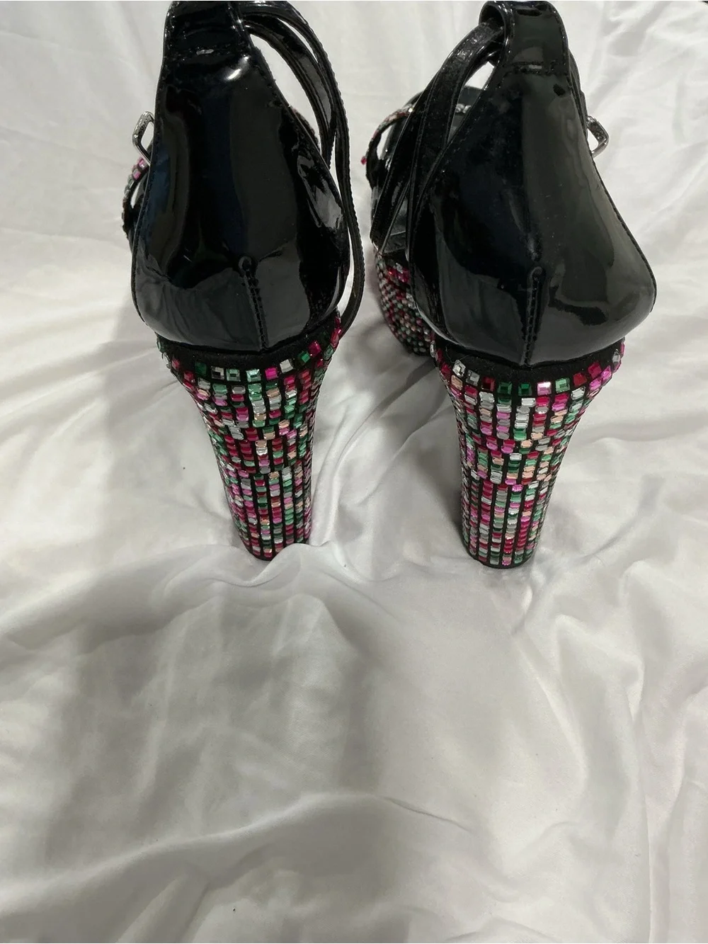 Fashion Nova Black Platform Heels with Multicolor Gem Accents